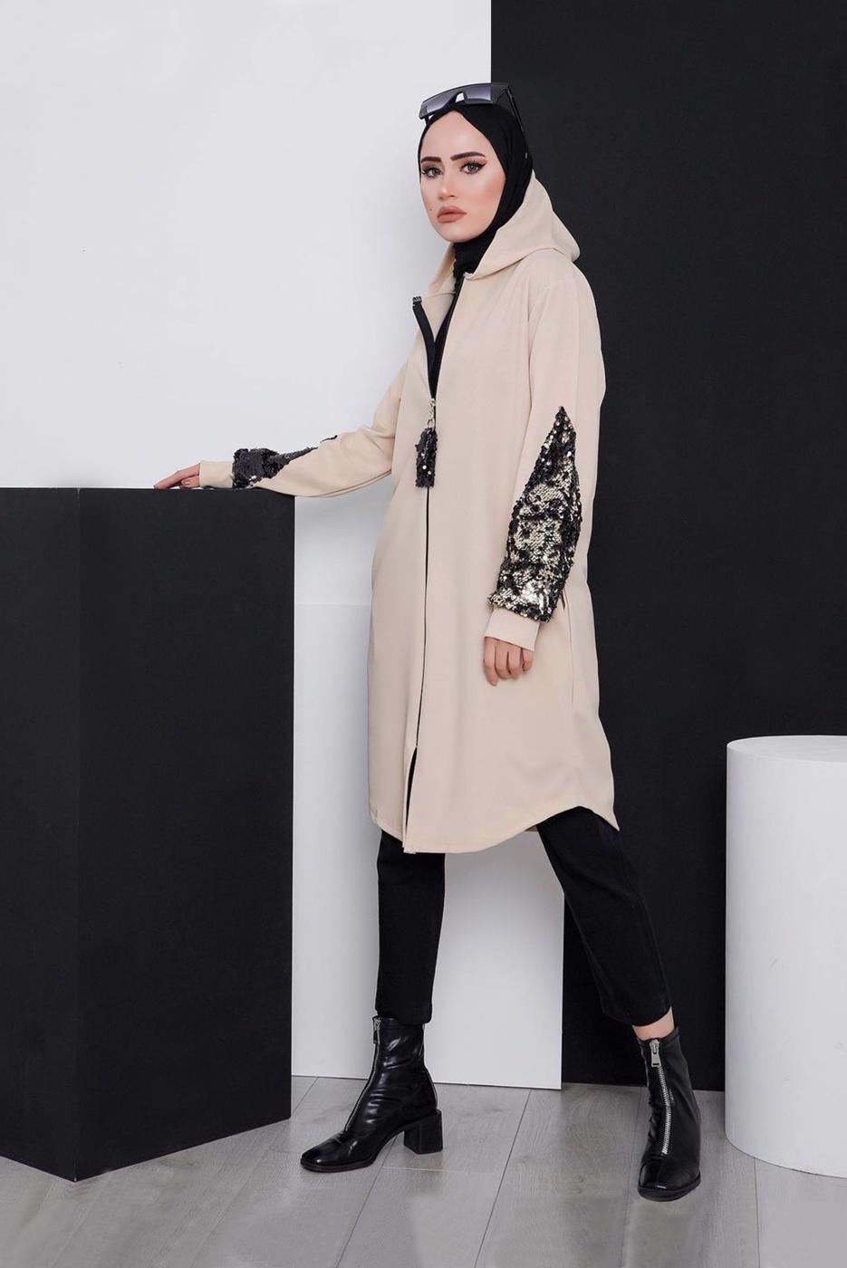 Vêtements hijab BEIGE VESTE DE SURVÊTEMENT À CAPUCHE AVEC SEQUINS 4486