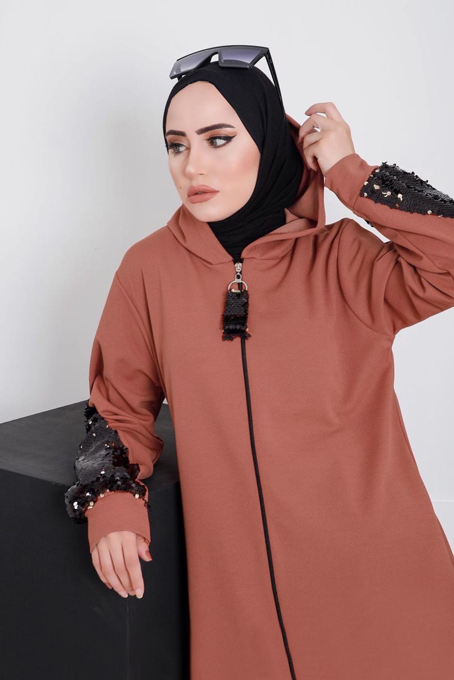 Vêtements hijab BRUN VESTE DE SURVÊTEMENT À CAPUCHE AVEC SEQUINS 4486