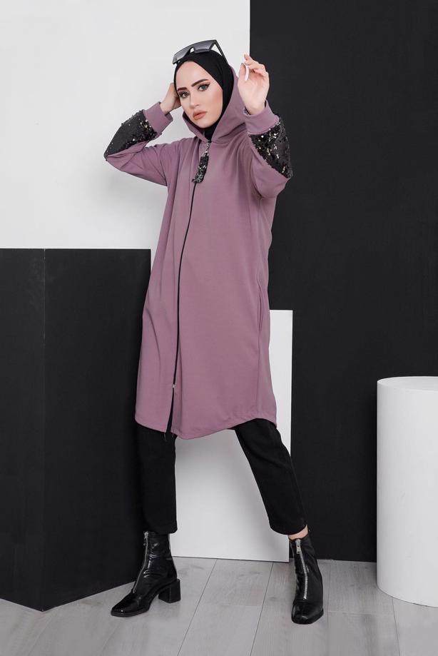 Tesettür giyim PEMBE PUL PAYET DETAYLI KAPÜŞONLU EŞOFMAN CEKET 4486 - TRENDTESETTÜR