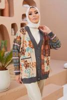 Tesettür giyim GRİ ETNİK DESENLİ DÜĞMELİ HIRKA 5220