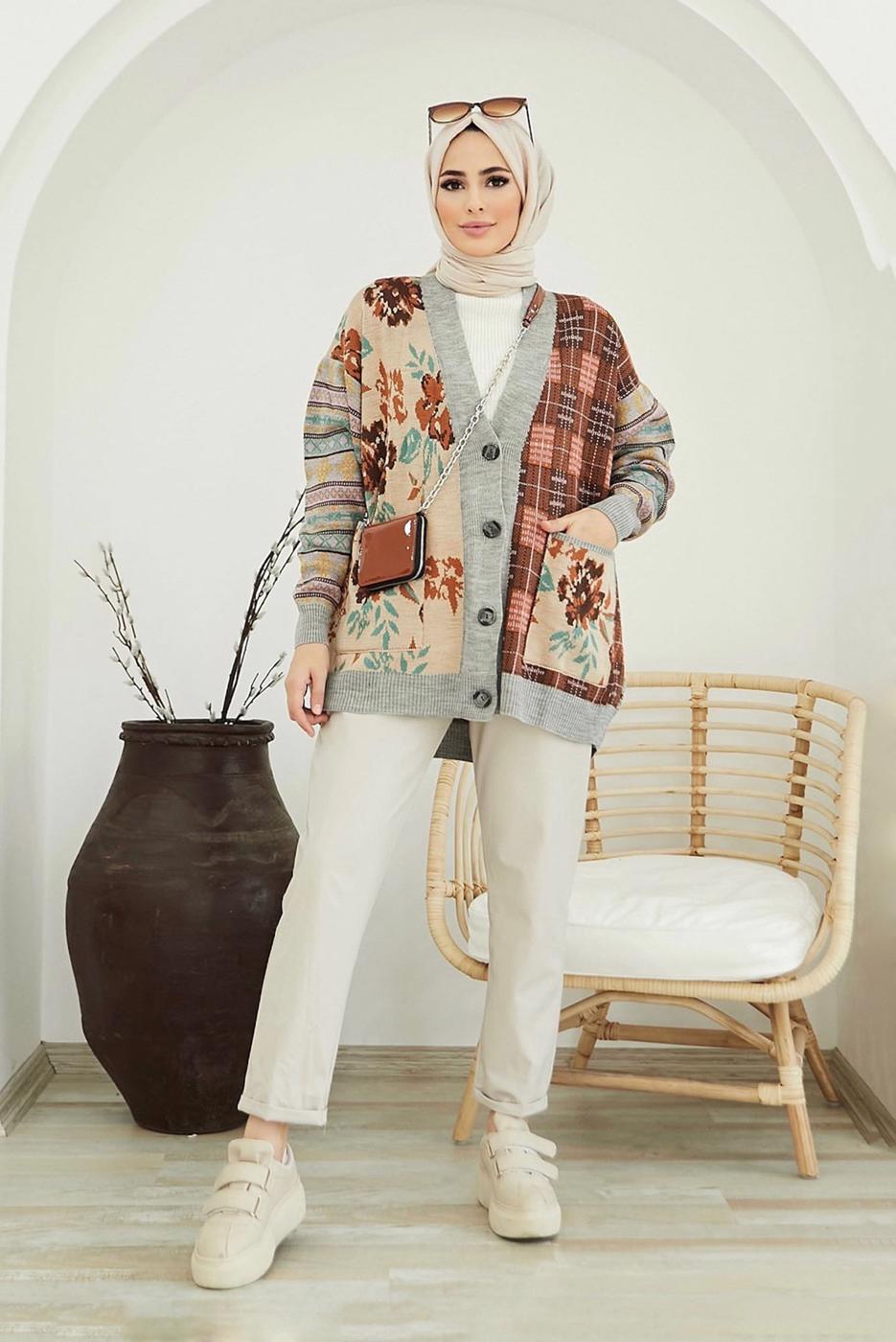 Vêtements hijab GRIS CARDIGAN BOUTONNÉ MOTIF ETHNIQUE 5220