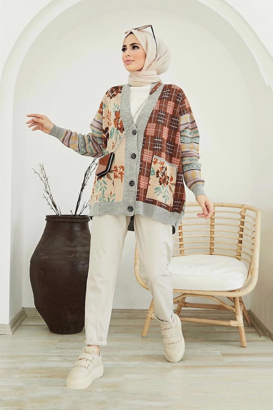 Vêtements hijab GRIS CARDIGAN BOUTONNÉ MOTIF ETHNIQUE 5220