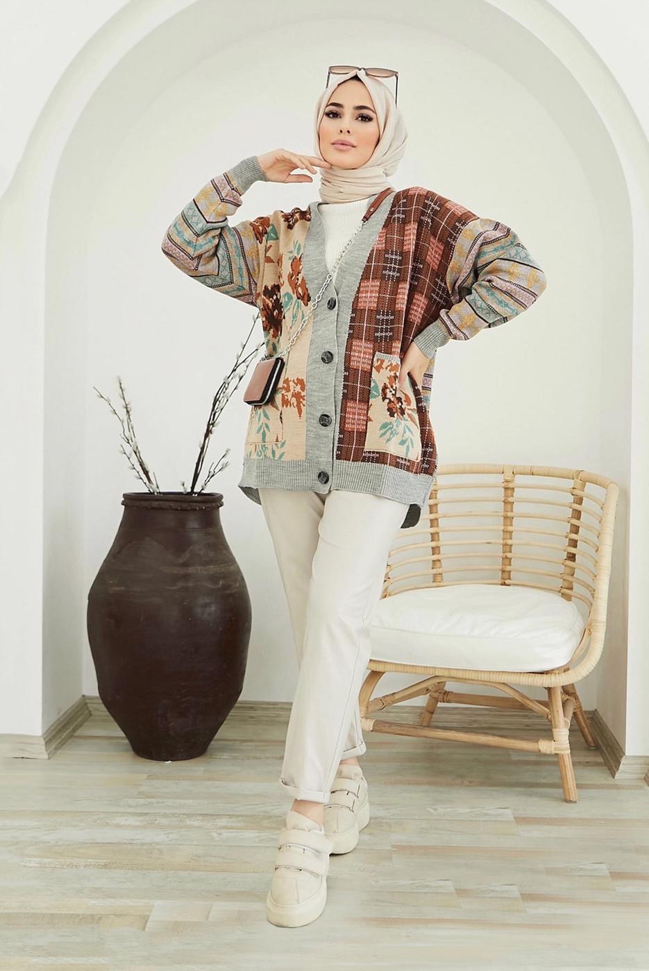 Vêtements hijab GRIS CARDIGAN BOUTONNÉ MOTIF ETHNIQUE 5220