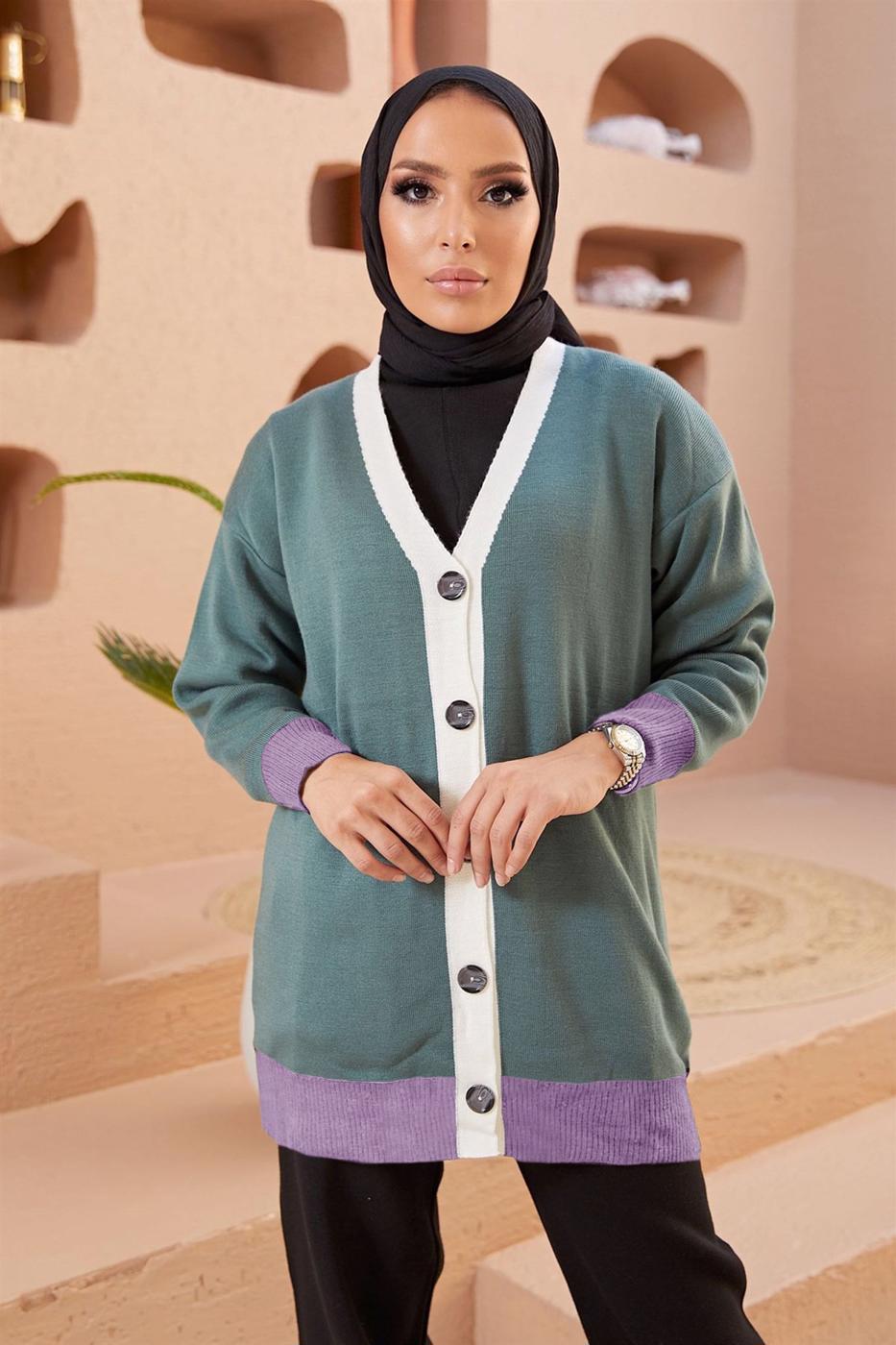 Hijab clothing GREEN COLORED BUTTONED CARDIGAN 5742 