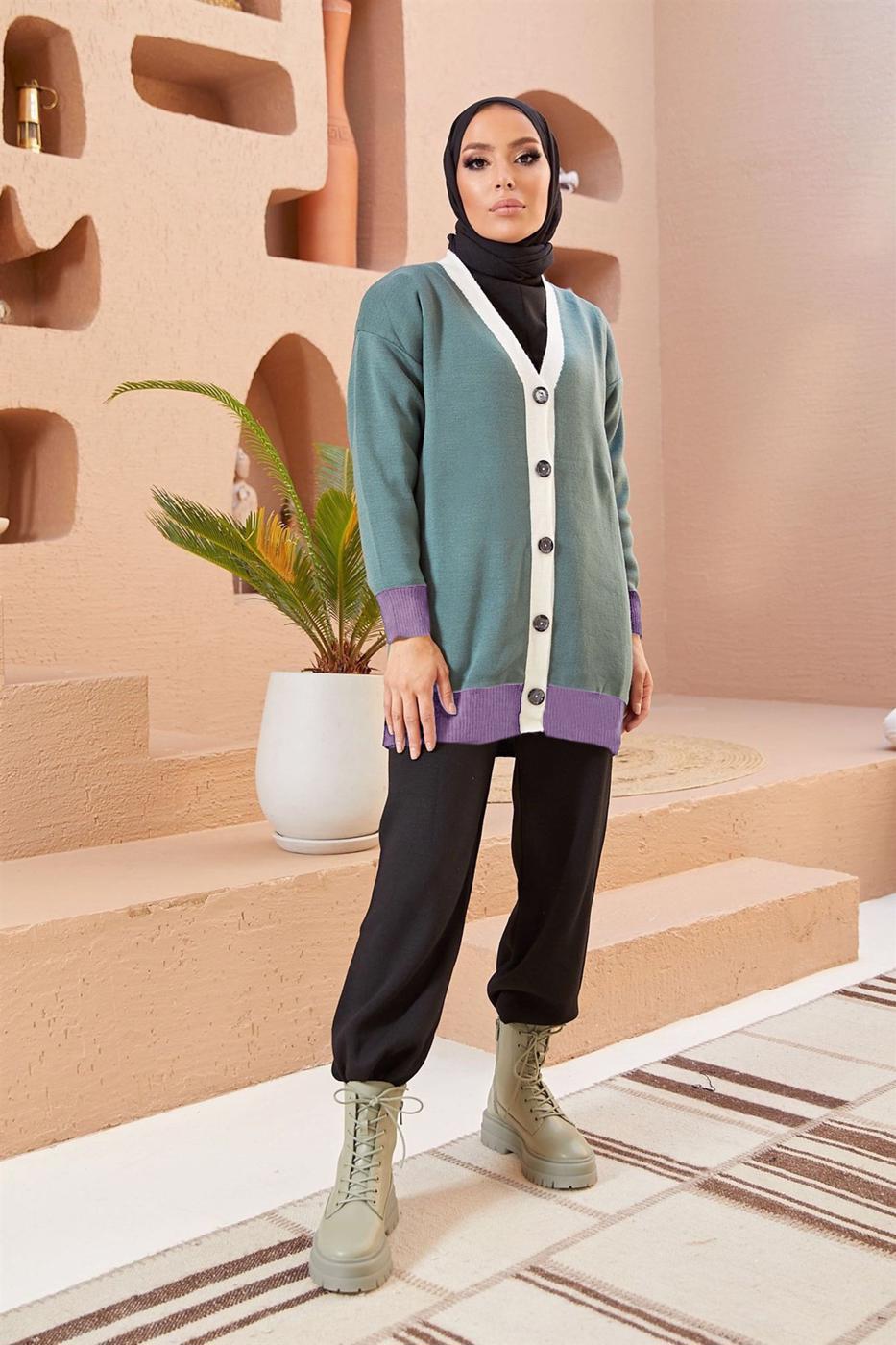 Hijab clothing GREEN COLORED BUTTONED CARDIGAN 5742 