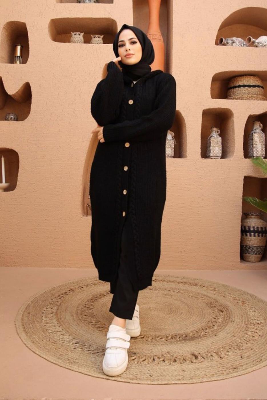 Hijab clothing BLACK HOODED CABLE KNIT CARDIGAN 6003 