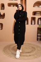 Hijab clothing BLACK HOODED CABLE KNIT CARDIGAN 6003 
