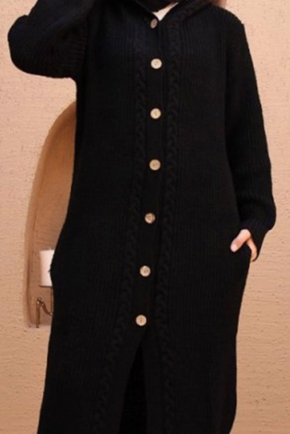 Hijab clothing BLACK HOODED CABLE KNIT CARDIGAN 6003 