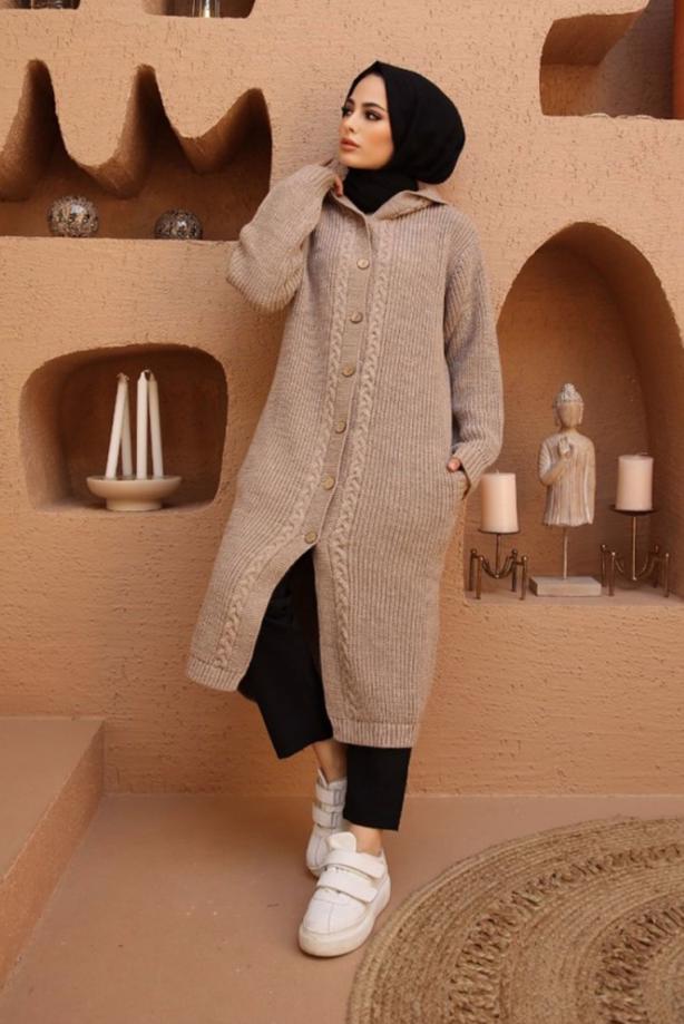 Tesettür giyim  SAÇ ÖRGÜ DETAYLI KAPÜŞONLU TRİKO HIRKA 6003  - TRENDTESETTÜR