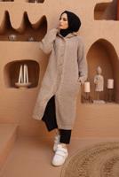 Tesettür giyim VİZON SAÇ ÖRGÜ DETAYLI KAPÜŞONLU TRİKO HIRKA 6003 