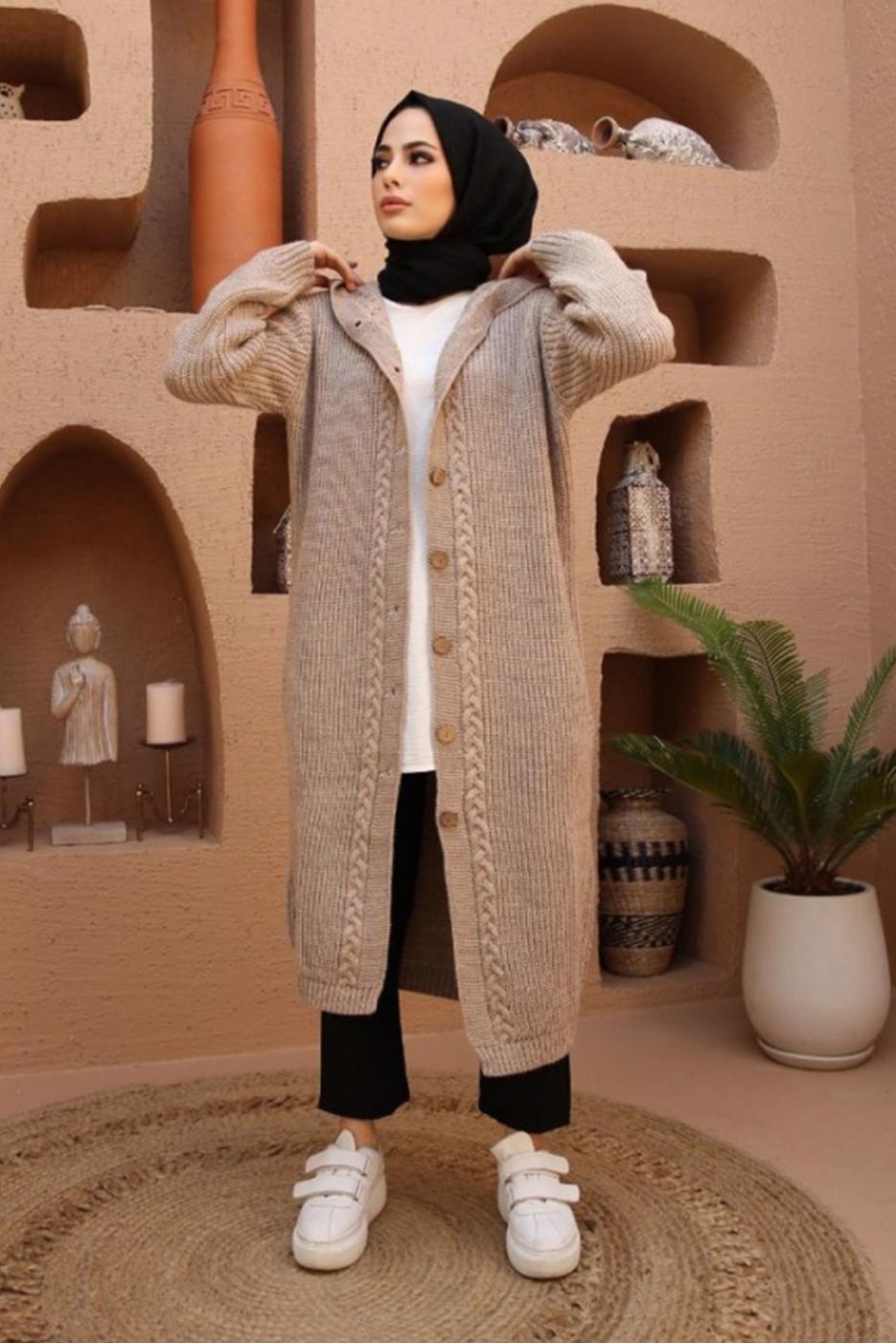 Tesettür giyim VİZON SAÇ ÖRGÜ DETAYLI KAPÜŞONLU TRİKO HIRKA 6003 