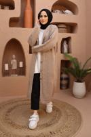 Tesettür giyim VİZON SAÇ ÖRGÜ DETAYLI KAPÜŞONLU TRİKO HIRKA 6003 