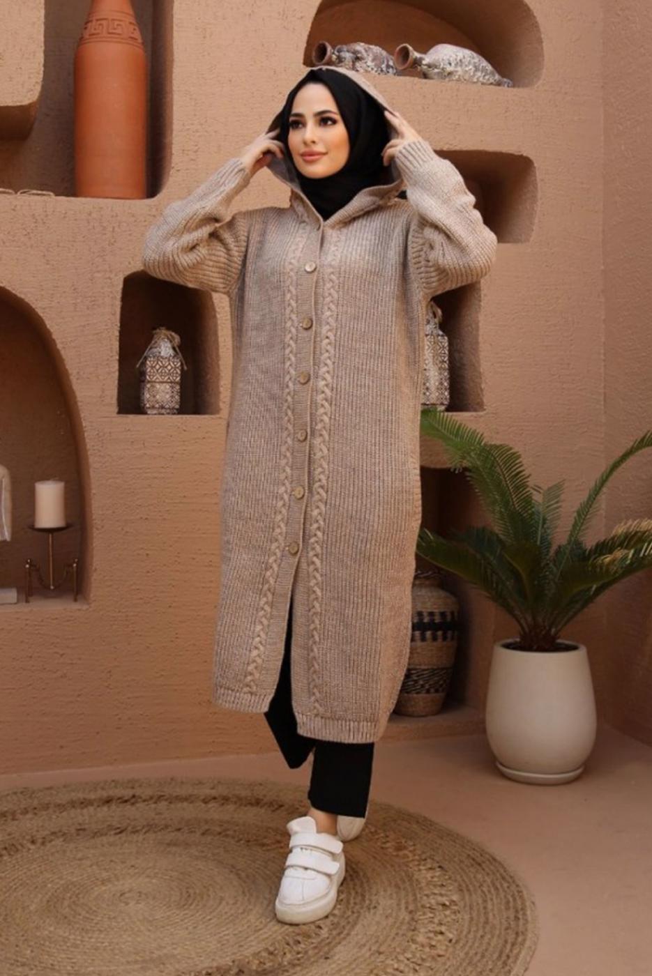 Tesettür giyim VİZON SAÇ ÖRGÜ DETAYLI KAPÜŞONLU TRİKO HIRKA 6003 
