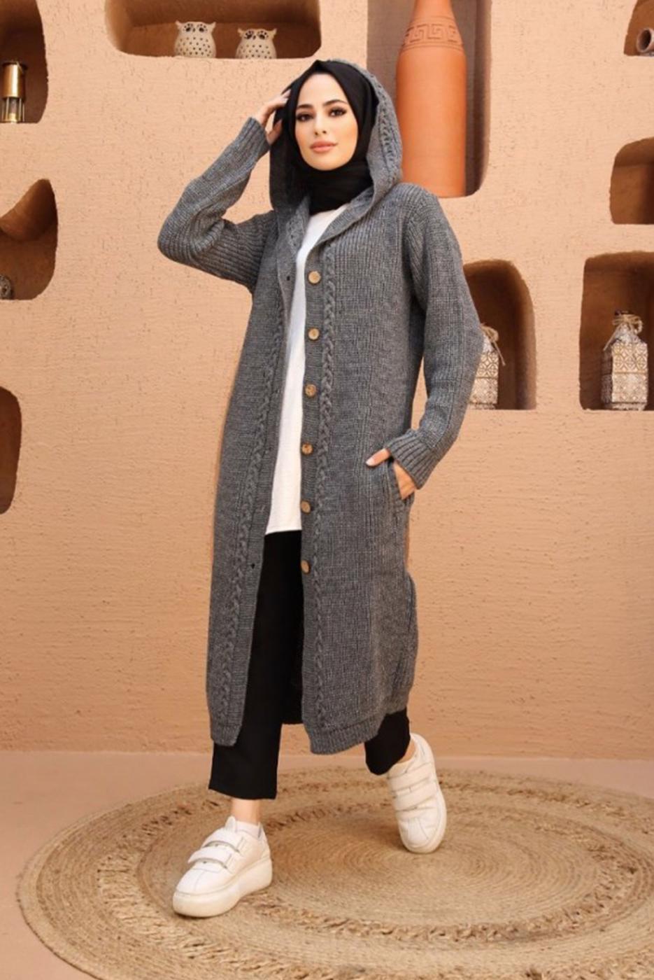 Tesettür giyim GRİ SAÇ ÖRGÜ DETAYLI KAPÜŞONLU TRİKO HIRKA 6003 