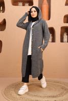 Tesettür giyim GRİ SAÇ ÖRGÜ DETAYLI KAPÜŞONLU TRİKO HIRKA 6003 