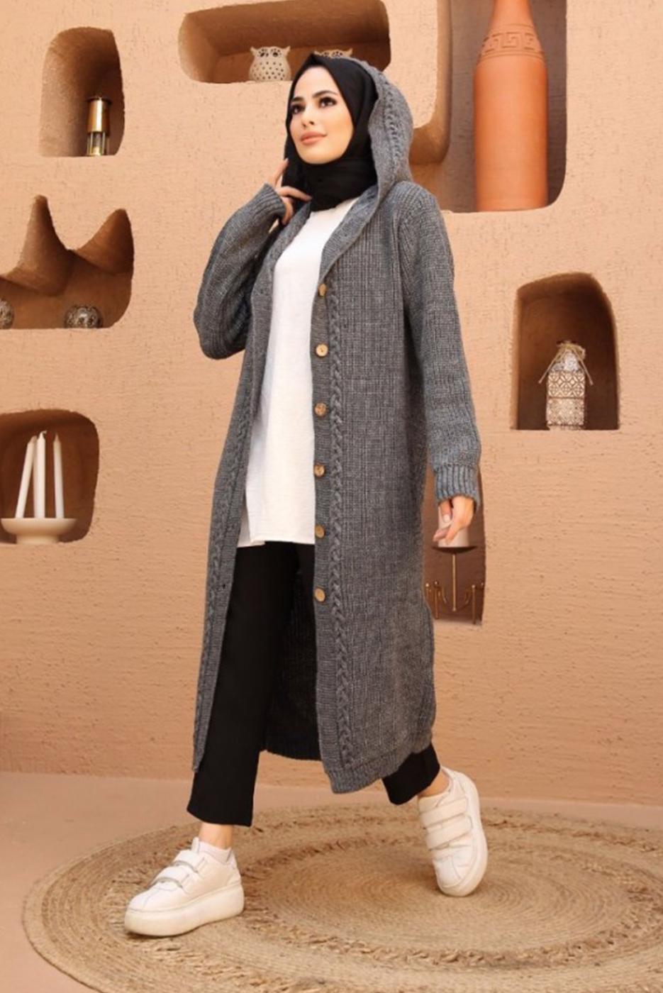 Tesettür giyim GRİ SAÇ ÖRGÜ DETAYLI KAPÜŞONLU TRİKO HIRKA 6003 