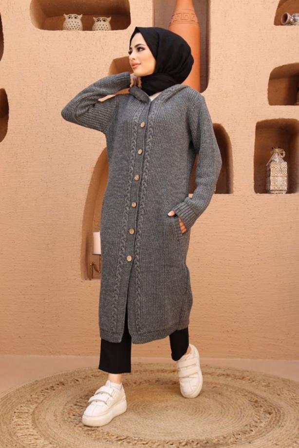 Tesettür giyim  SAÇ ÖRGÜ DETAYLI KAPÜŞONLU TRİKO HIRKA 6003  - TRENDTESETTÜR