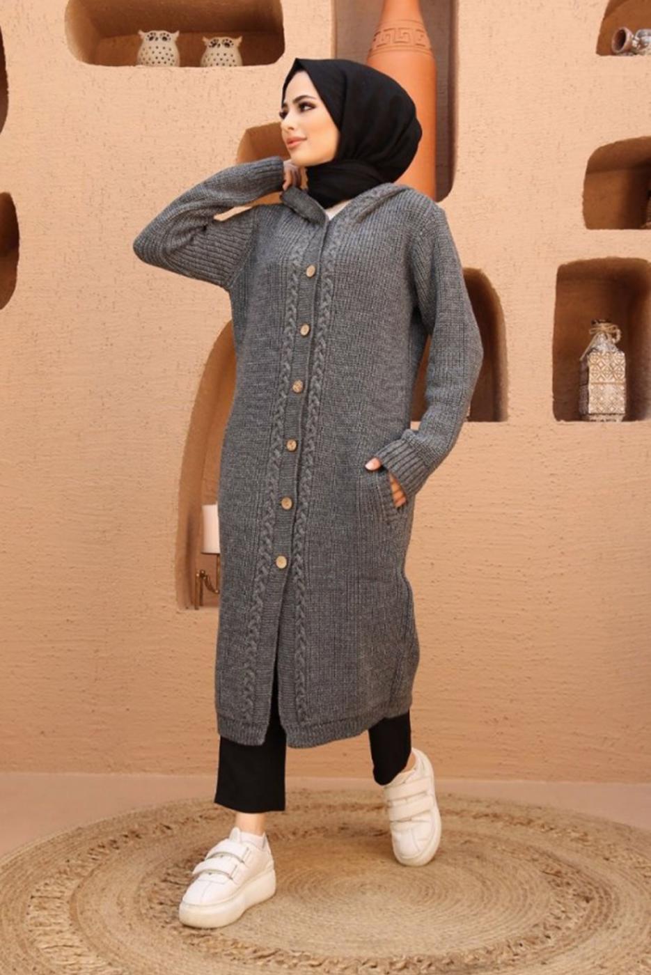 Tesettür giyim GRİ SAÇ ÖRGÜ DETAYLI KAPÜŞONLU TRİKO HIRKA 6003 