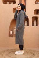 Tesettür giyim GRİ SAÇ ÖRGÜ DETAYLI KAPÜŞONLU TRİKO HIRKA 6003 