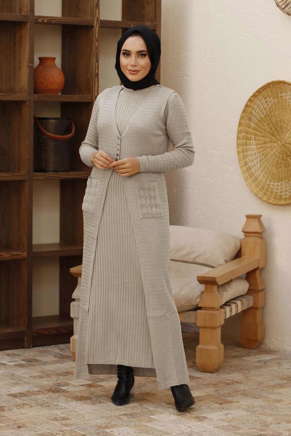 Hijab clothing BEIGE PATTERNED 2-PIECE KNITWEAR DRESS WITH POCKET 00004 