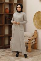 Hijab clothing BEIGE PATTERNED 2-PIECE KNITWEAR DRESS WITH POCKET 00004 