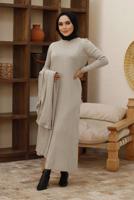 Hijab clothing BEIGE PATTERNED 2-PIECE KNITWEAR DRESS WITH POCKET 00004 
