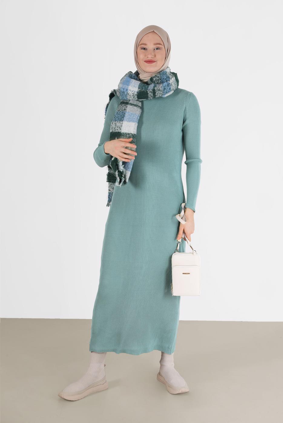 Hijab clothing GREEN CORDUROY BASIC KNITWEAR DRESS 00042 