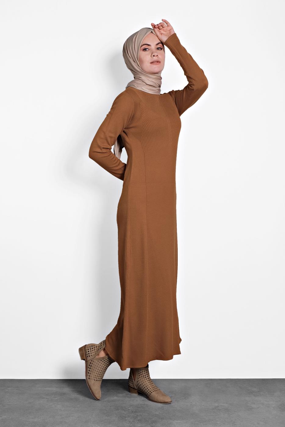 Tesettür giyim TABA ALVİNA FİTİLLİ TRİKO ELBİSE 40047 