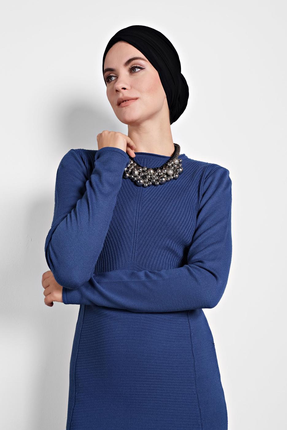 Tesettür giyim LACİVERT ALVİNA FİTİLLİ TRİKO ELBİSE 40047 