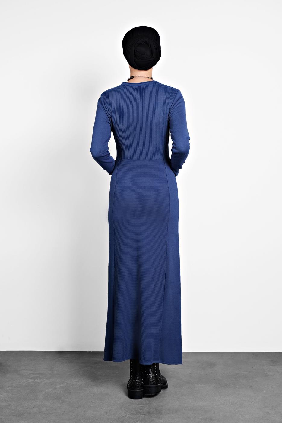 Tesettür giyim LACİVERT ALVİNA FİTİLLİ TRİKO ELBİSE 40047 