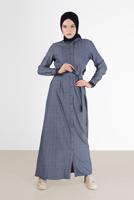 Vêtements hijab BLEU MARINE ROBE BOUTONNÉE AVEC CEINTURE ALVİNA 40214