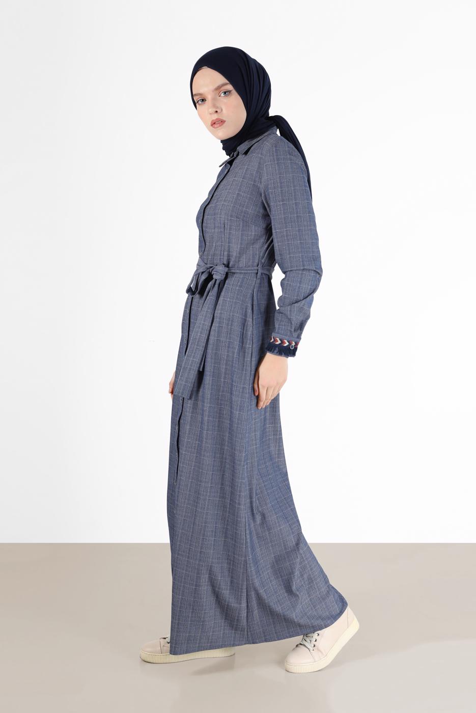 Vêtements hijab BLEU MARINE ROBE BOUTONNÉE AVEC CEINTURE ALVİNA 40214