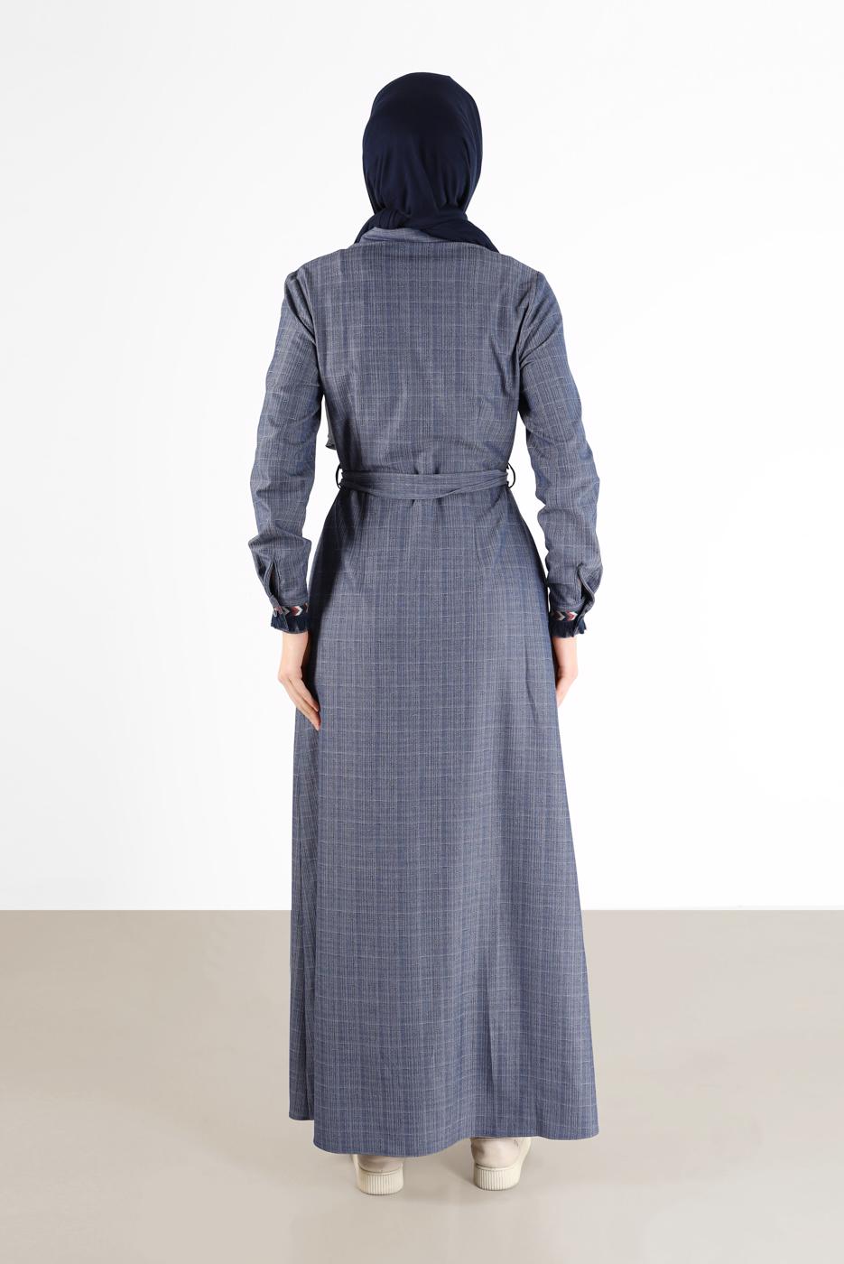 Vêtements hijab BLEU MARINE ROBE BOUTONNÉE AVEC CEINTURE ALVİNA 40214