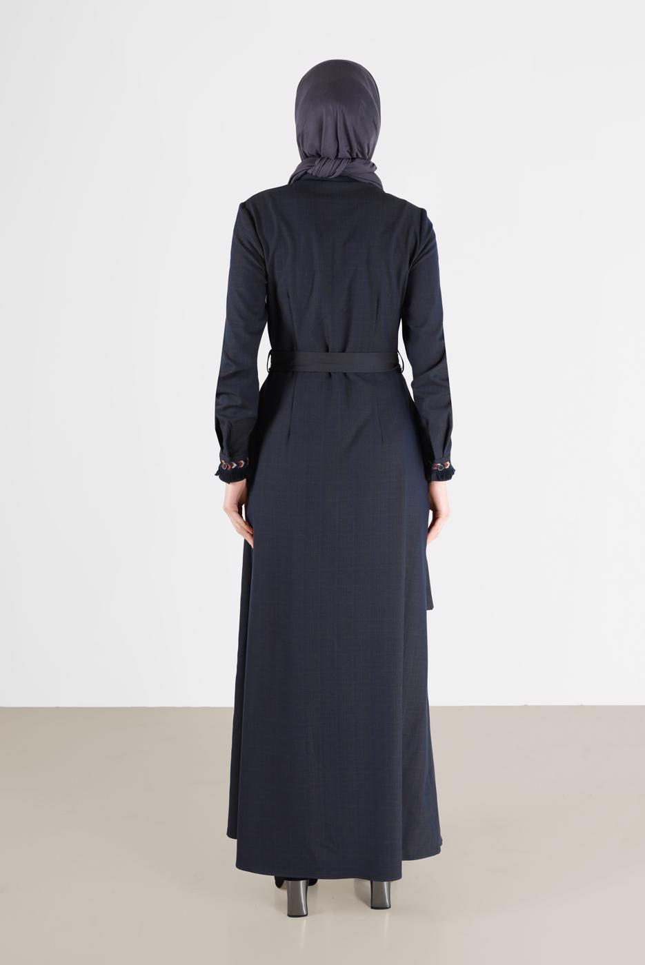 Vêtements hijab BLEU MARINE ROBE BOUTONNÉE AVEC CEINTURE ALVİNA 40214