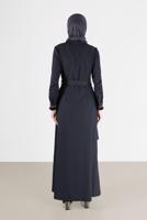 Vêtements hijab BLEU MARINE ROBE BOUTONNÉE AVEC CEINTURE ALVİNA 40214