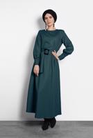Tesettür giyim YEŞİL ARKADAN FERMUARLI KUŞAKLI ELBİSE 40215