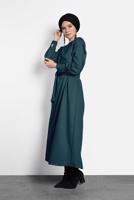 Tesettür giyim YEŞİL ARKADAN FERMUARLI KUŞAKLI ELBİSE 40215