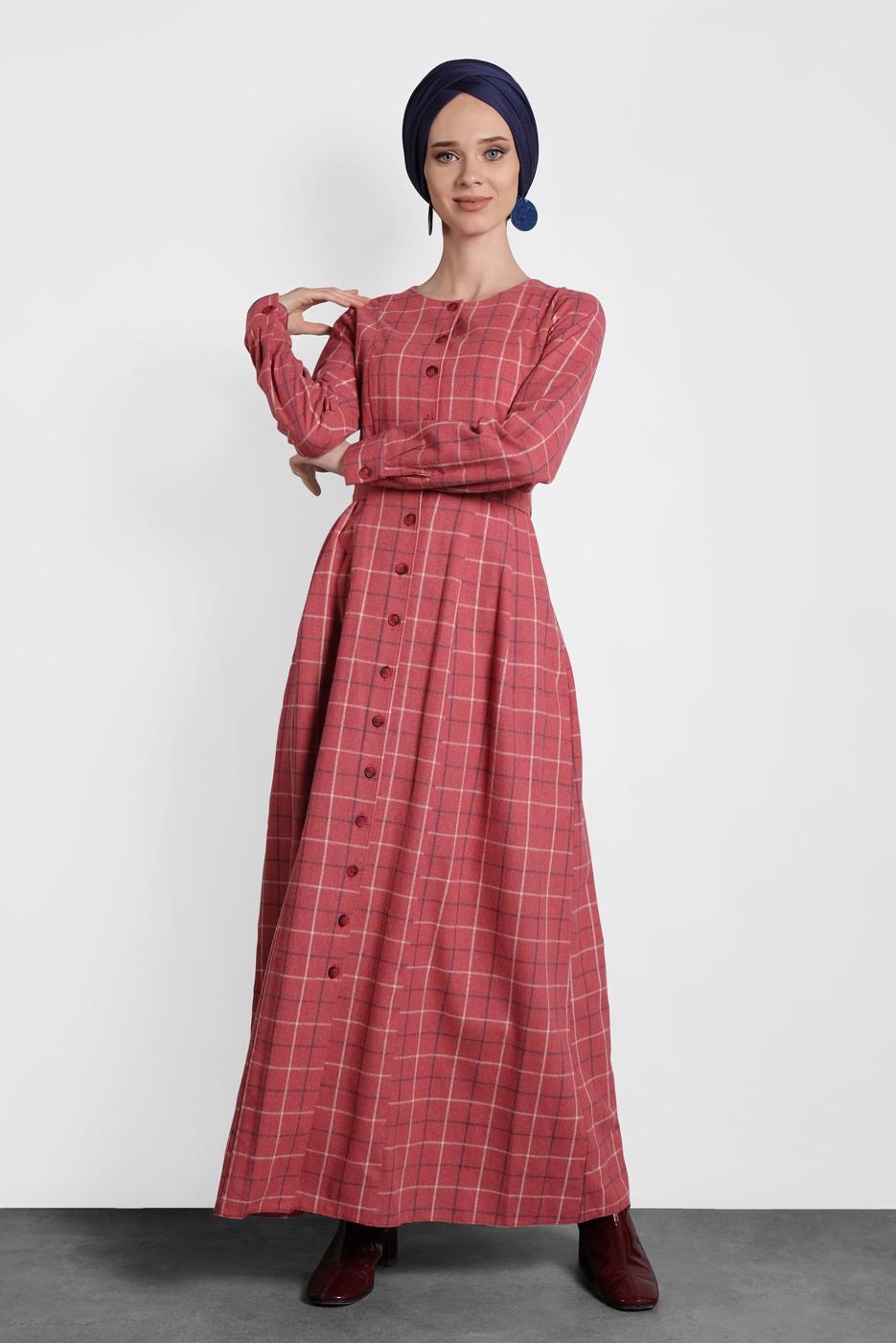 Tesettür giyim KIRMIZI ALVİNA EKOSE DÜĞMELİ ELBİSE 40370 