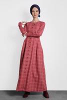 Tesettür giyim KIRMIZI ALVİNA EKOSE DÜĞMELİ ELBİSE 40370 