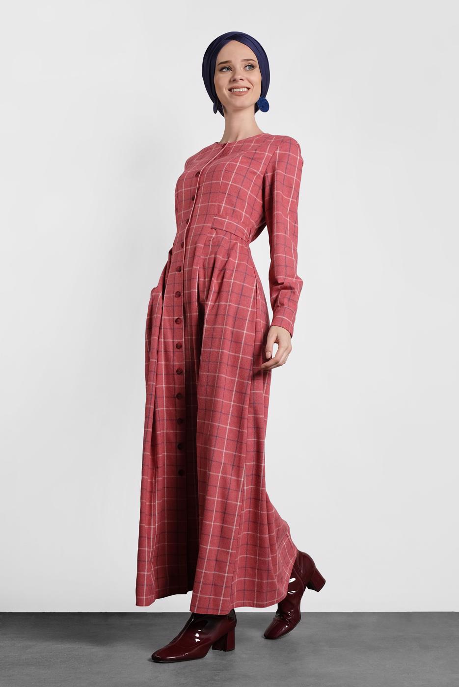 Tesettür giyim KIRMIZI ALVİNA EKOSE DÜĞMELİ ELBİSE 40370 