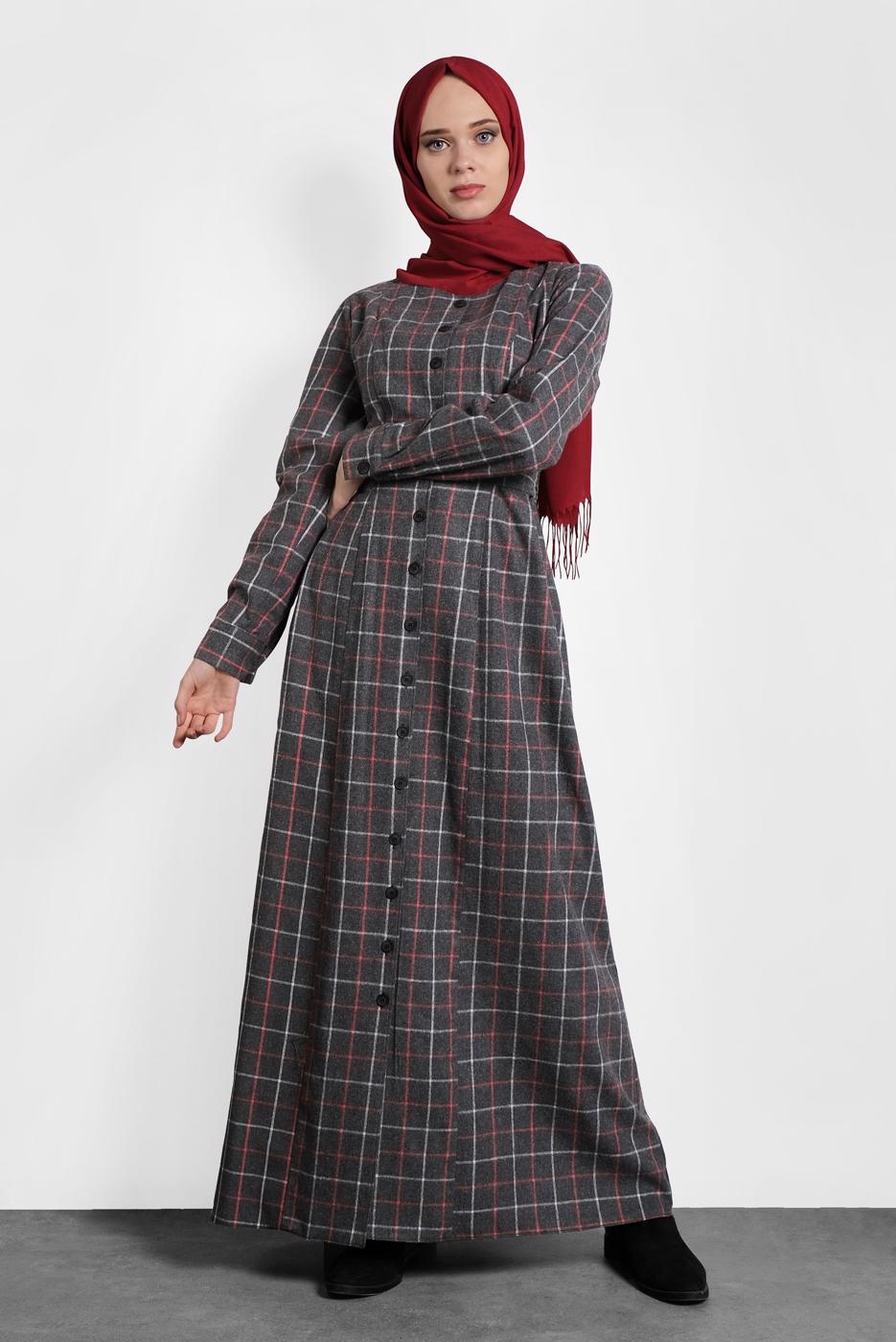 Tesettür giyim GRİ ALVİNA EKOSE DÜĞMELİ ELBİSE 40370 