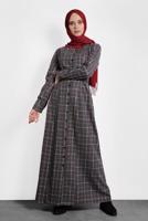 Tesettür giyim GRİ ALVİNA EKOSE DÜĞMELİ ELBİSE 40370 
