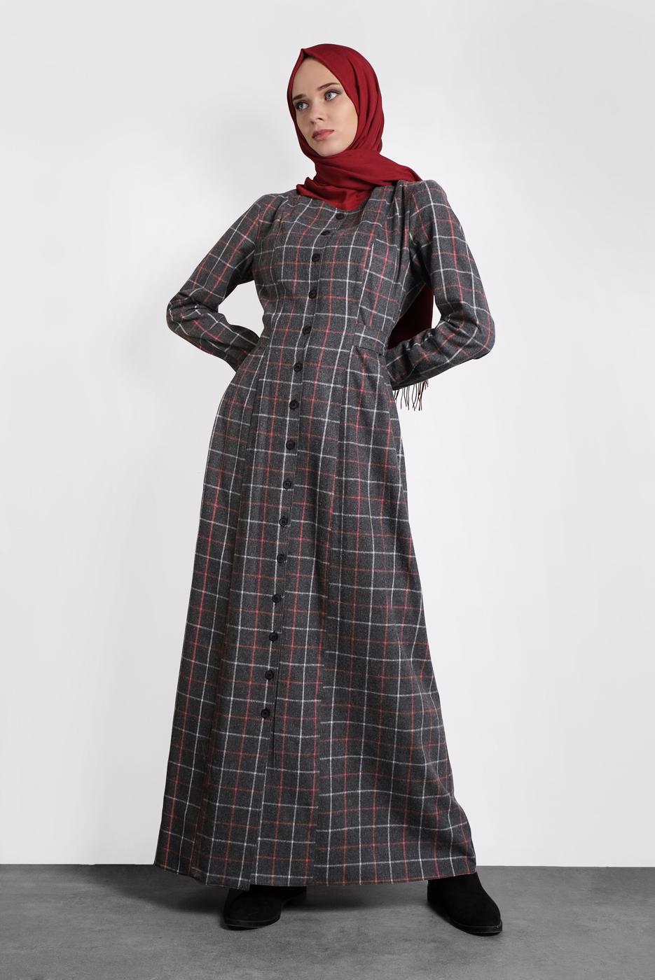 Tesettür giyim GRİ ALVİNA EKOSE DÜĞMELİ ELBİSE 40370 