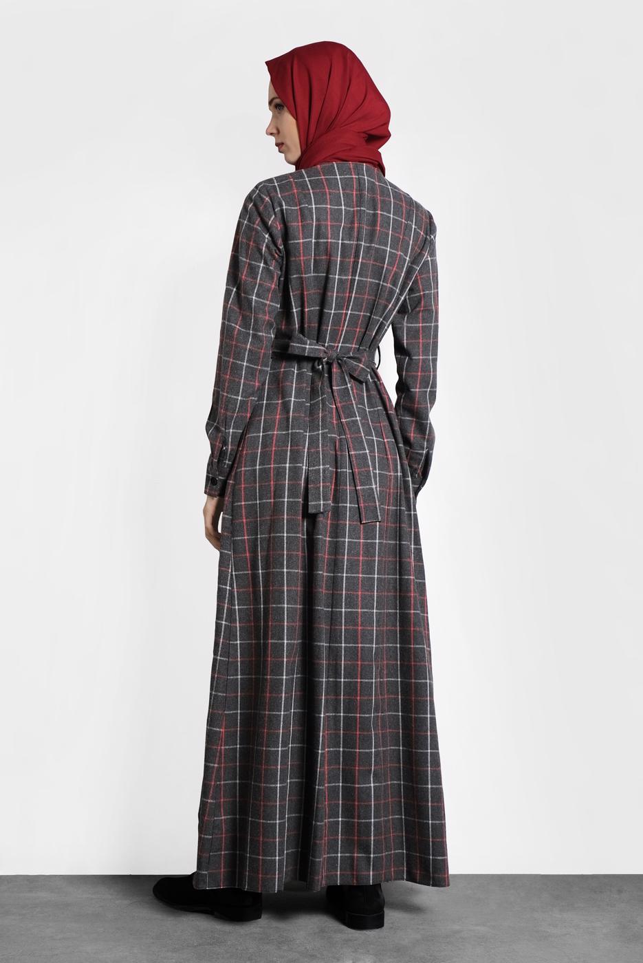 Tesettür giyim GRİ ALVİNA EKOSE DÜĞMELİ ELBİSE 40370 