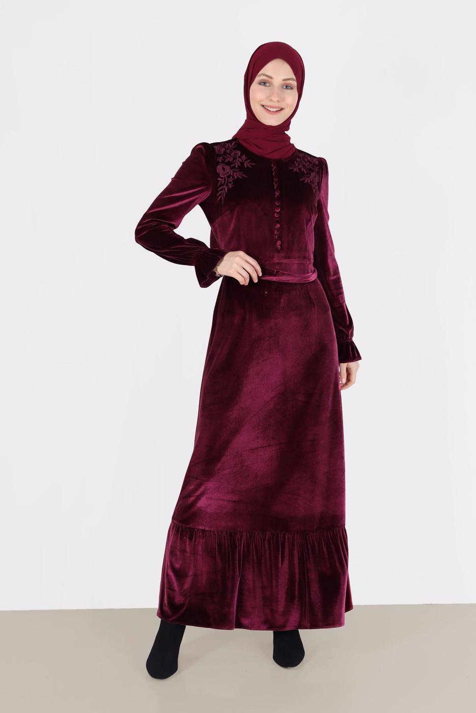 Tesettür giyim BORDO DÜĞME DETAYLI KADİFE ELBİSE 40379 