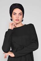 Tesettür giyim SİYAH ÖNÜ BAĞLAMA DETAYLI TRİKO ELBİSE 41029 