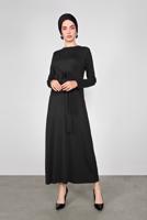 Tesettür giyim SİYAH ÖNÜ BAĞLAMA DETAYLI TRİKO ELBİSE 41029 