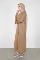 Tesettür giyim KAHVE ÖNÜ BAĞLAMA DETAYLI TRİKO ELBİSE 41029 