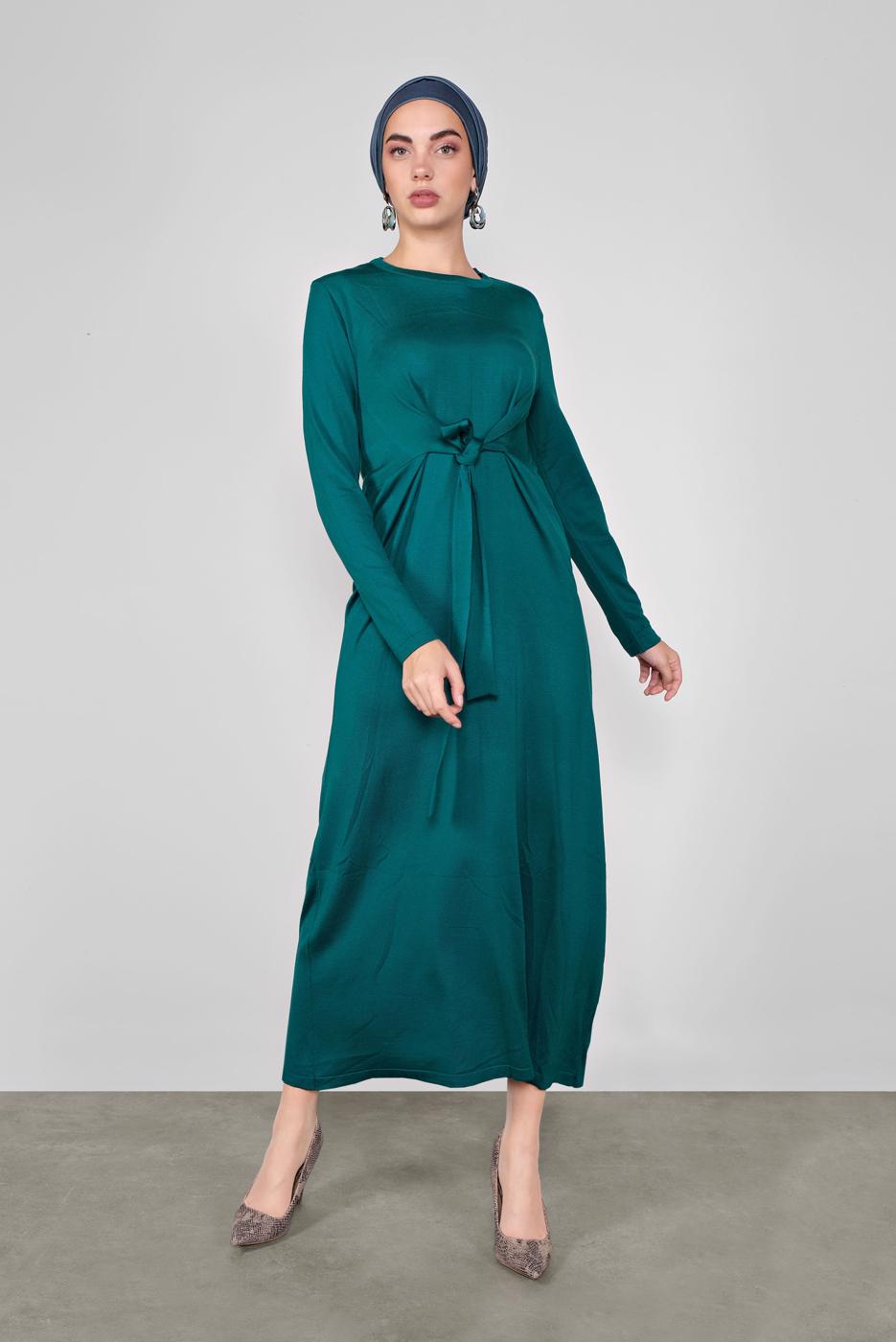 Tesettür giyim MAVİ ÖNÜ BAĞLAMA DETAYLI TRİKO ELBİSE 41029 