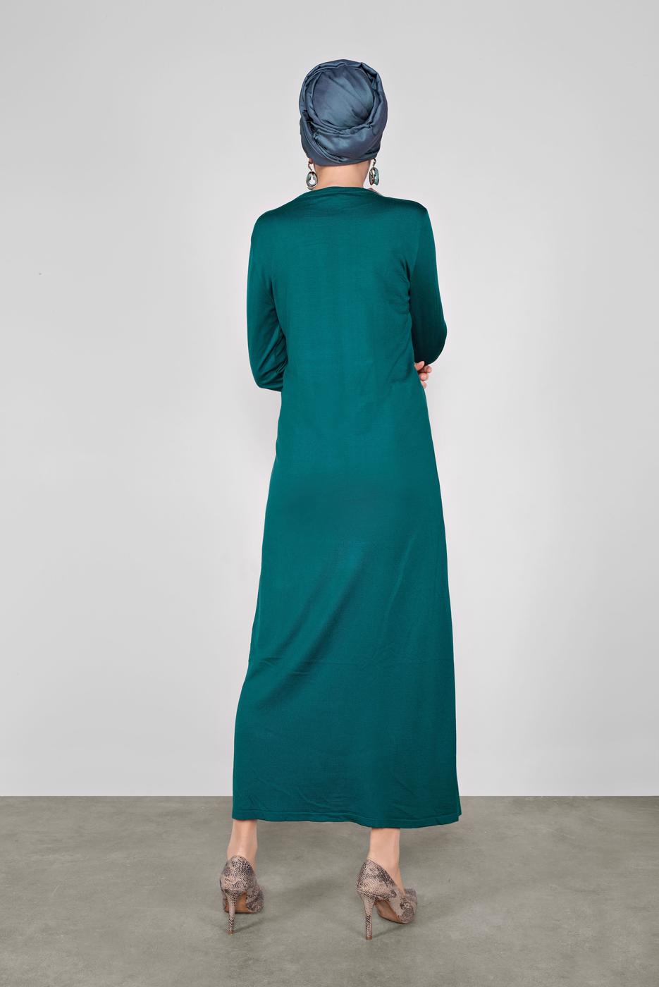 Tesettür giyim MAVİ ÖNÜ BAĞLAMA DETAYLI TRİKO ELBİSE 41029 